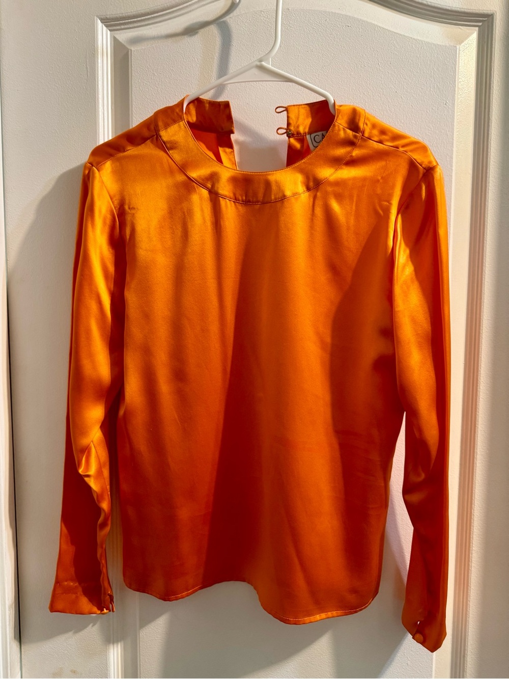 Vibrant Orange 100% Silk Satin Long-Sleeve Blouse